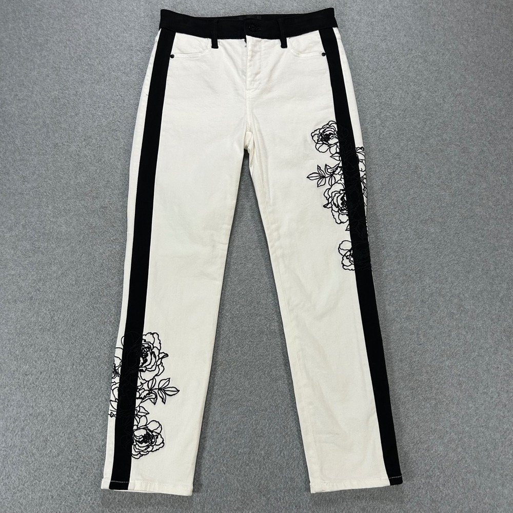 White House Black Market Straight Pants Womens 2 White Black Floral Chic Modern